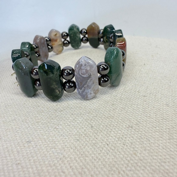 Moss Agate Stone Bracelet with Hematite‎ Beads Gemstone Jewelry - Picture 5 of 7